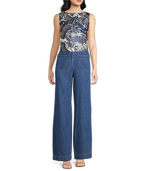 Trina Turk Hakuto Printed Satin Boat Neck Sleeveless Tie Back Top Product Image