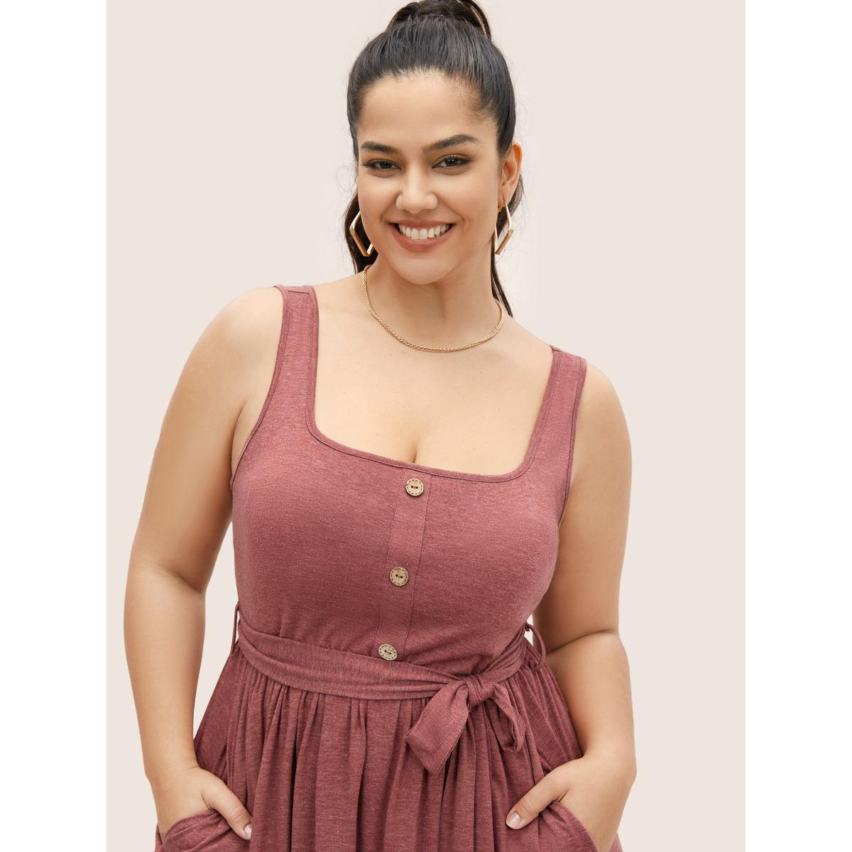 Plus Size Supersoft Essentials Button Detail Belted Gathered Dress Scarlet Women Casual Gathered Square Neck Sleeveless Curvy Midi Dress BloomChic 12/L Product Image