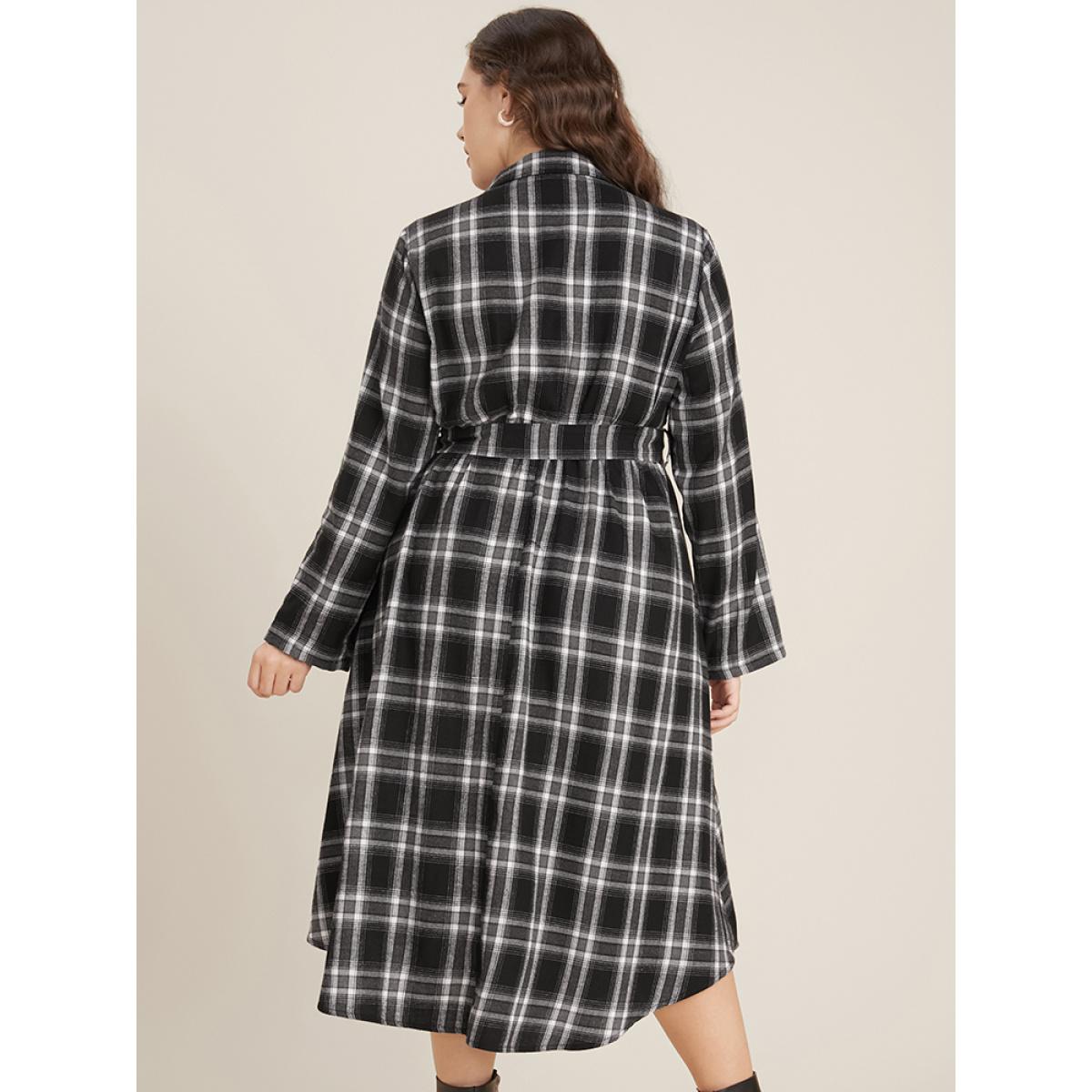 Plus Size Plaid Pocket Button Cuffed Sleeve Belted Arc Hem Dress Black Women Office Belted Shirt collar Long Sleeve Curvy Midi Dress BloomChic 30/6X Product Image