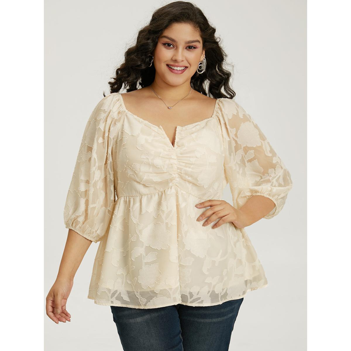 Plus Size Beige Plain Notched Ruched Lantern Sleeve Mesh Blouse Women Elegant Elbow-length sleeve Notched collar Dailywear Blouses BloomChic 12/L Product Image