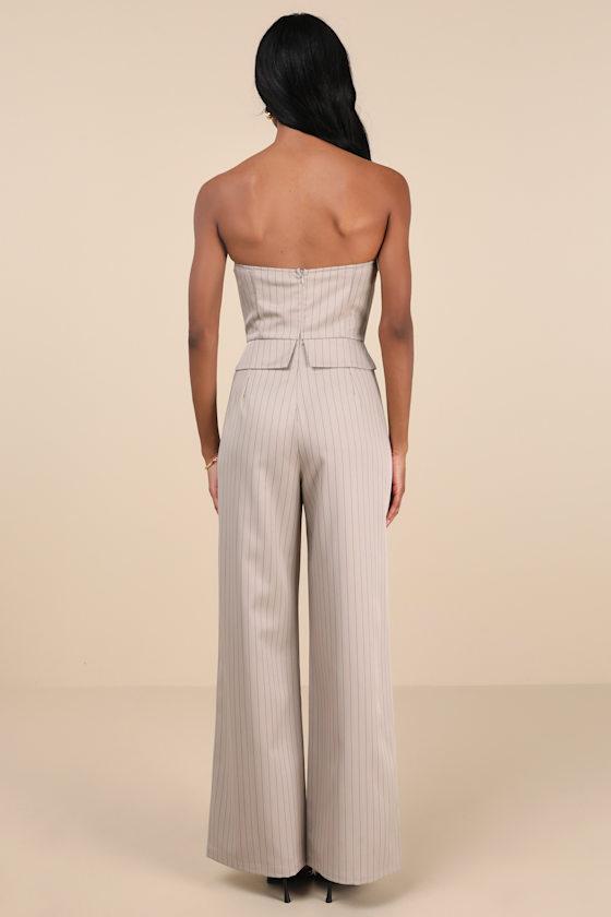 Polished Charisma Taupe Pinstriped Strapless Jumpsuit Product Image