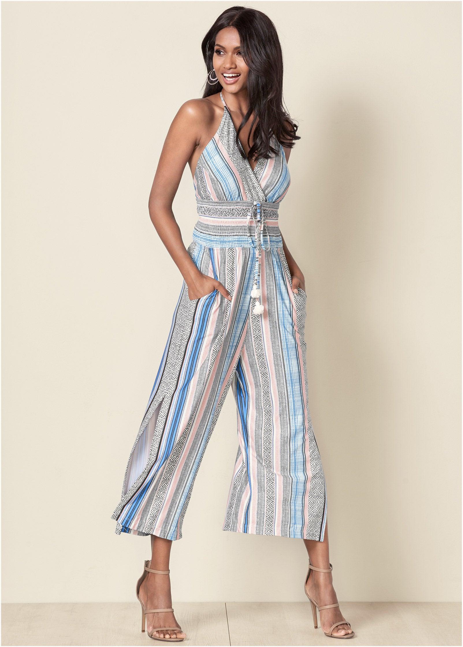 Tassel Halter Jumpsuit - Light Blue Multi Product Image