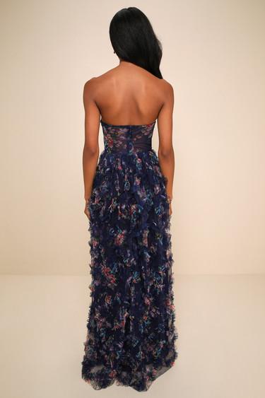 Stunning Element Navy Floral Mesh Ruffled Strapless Maxi Dress Product Image