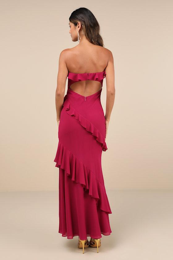 Dramatic Allure Magenta Ruffled Cutout Strapless Maxi Dress Product Image