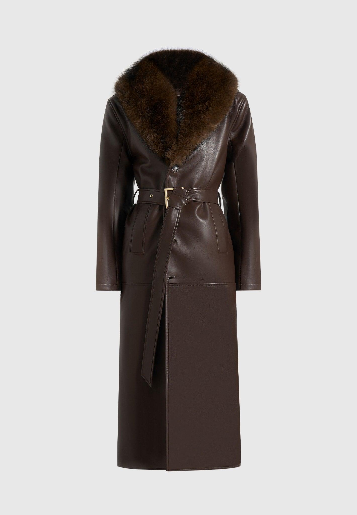 Cenya - Fur Collar Belted Leather Coat - Brown Female Product Image