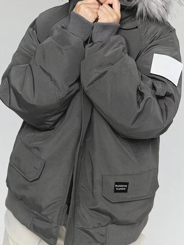 Vintage Fuzzy Collar Hooded Cargo Jacket Product Image