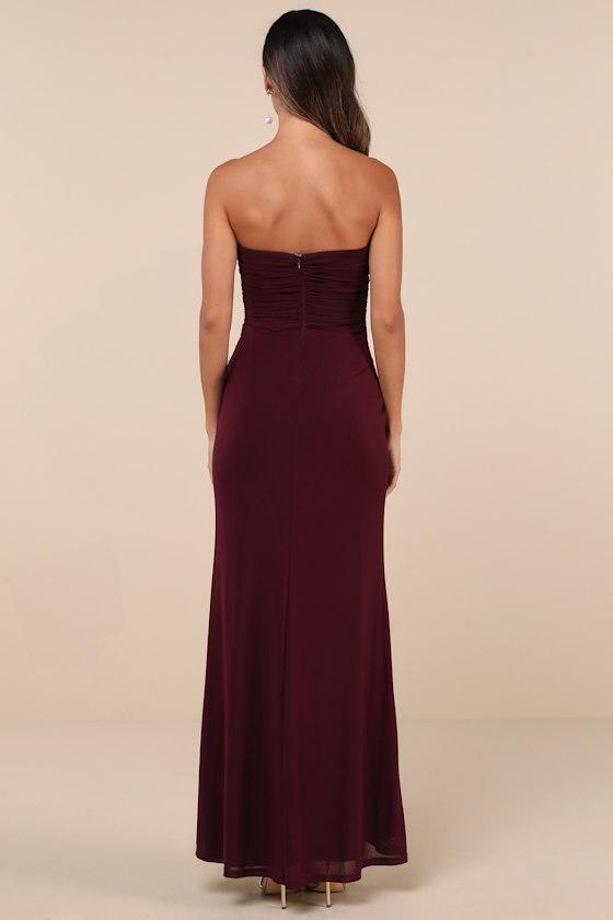 Epitome of Allure Purple Mesh Strapless Ruched Maxi Dress Product Image