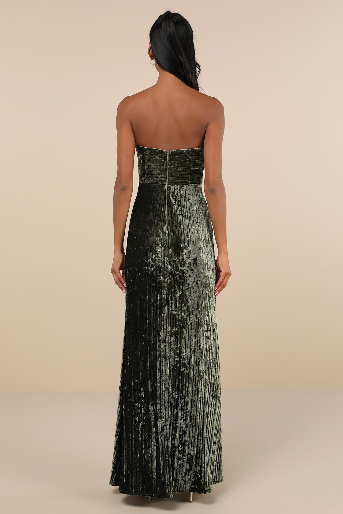 Classy Sensation Olive Velvet Pleated Strapless Maxi Dress Product Image