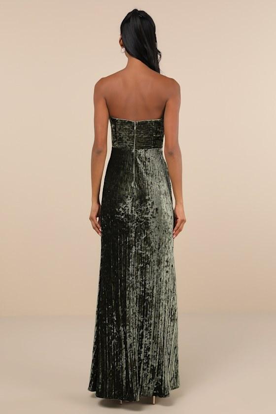 Classy Sensation Olive Velvet Pleated Strapless Maxi Dress Product Image