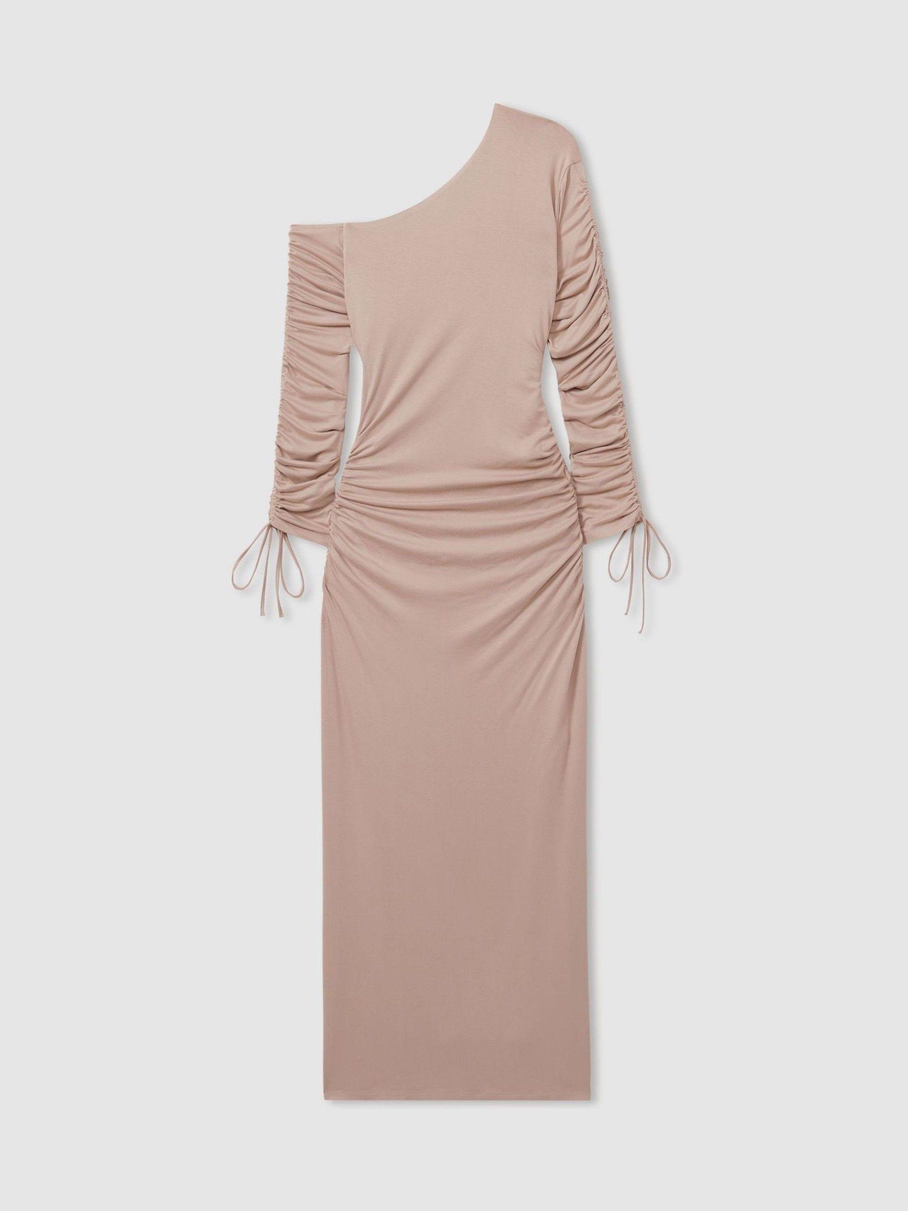 Petite One-Shoulder Ruched-Jersey Midi Dress in Blush Product Image