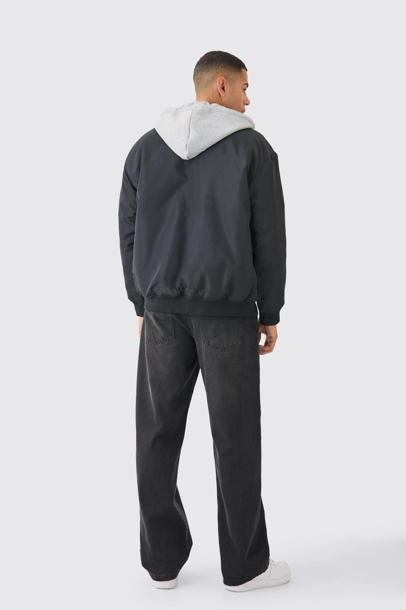Oversized Hooded Ma1 Bomber Jacket In Black | boohooMAN USA Product Image