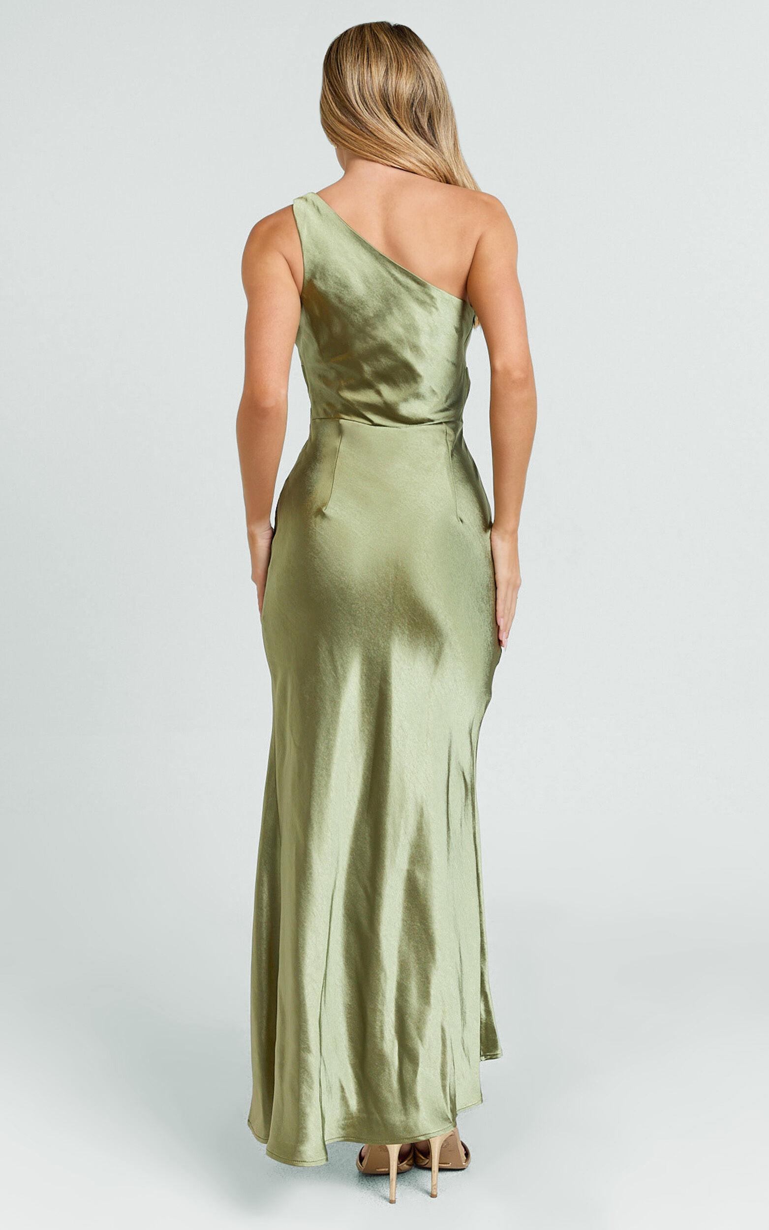 Isla Maxi Dress - Satin One Shoulder Side Split Dress in Olive Product Image