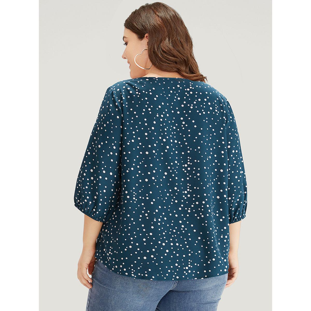 Plus Size Aegean Polka Dot Knot Neck Arc Hem Blouse Women Elegant Elbow-length sleeve Tie Neck Dailywear Blouses BloomChic 14-16/1X Product Image