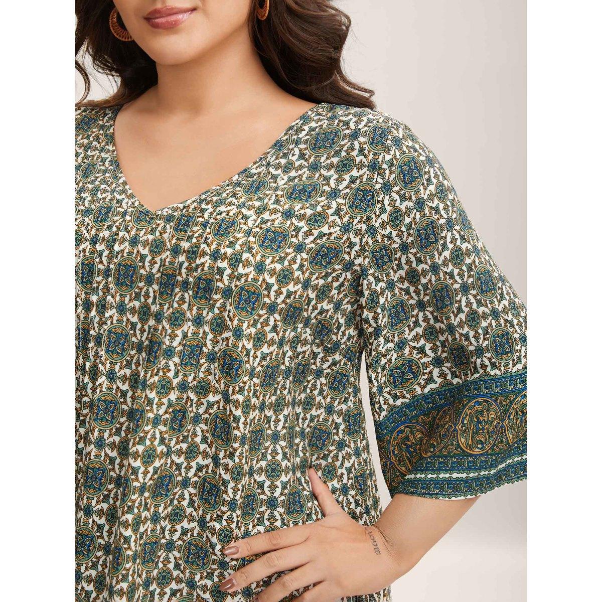 Plus Size Multicolor Pin-Tuck Pleat Ornate Print Relaxed Fit Shirt Women Boho Elbow-length sleeve V-neck Vacation Blouses BloomChic 18-20/2X Product Image