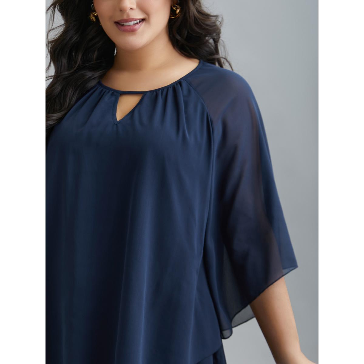 Plus Size Indigo Ruched Neckline Lotus Leaf Sleeve Blouse Women Elegant Elbow-length sleeve Round Neck Everyday Blouses BloomChic 12/L Product Image