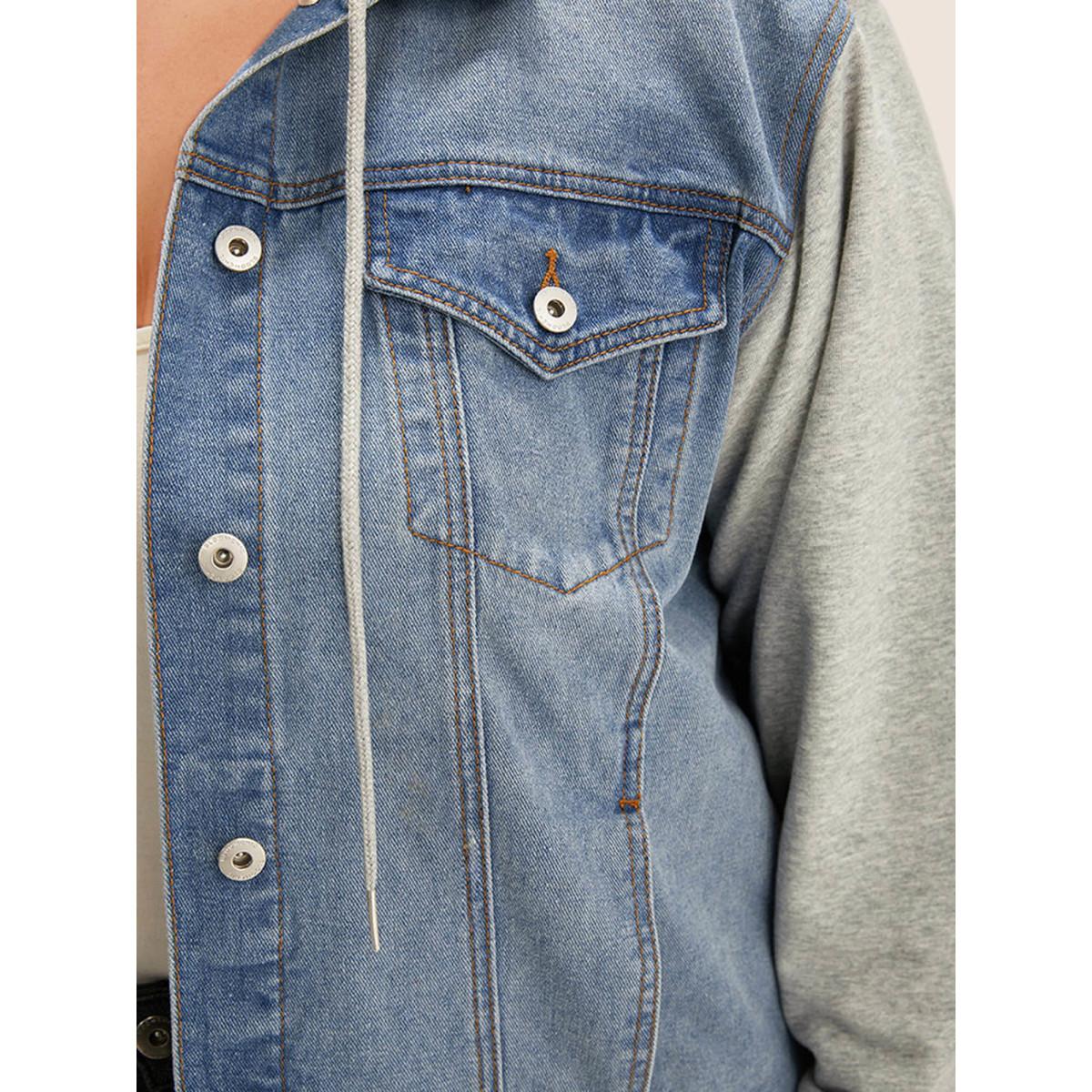 Women Hooded Patchwork Flap Pocket Denim Jacket Stone Plus Size Plain Contrast Casual Slanted pocket Leisure Denim Jackets BloomChic 28/5X Product Image