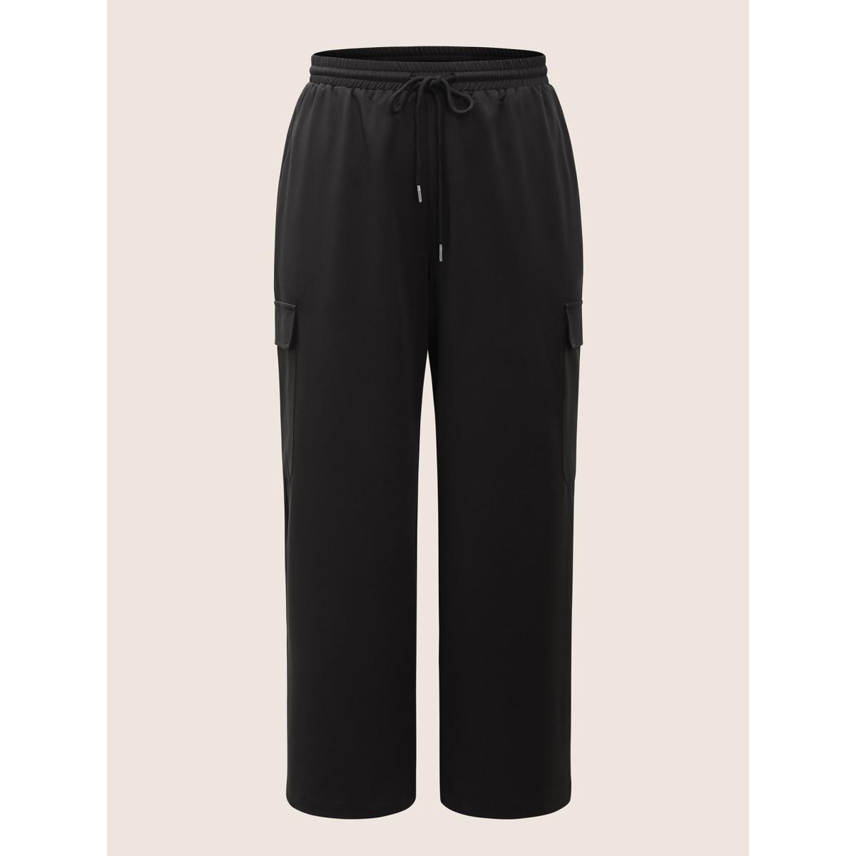 Plus Size Plain Pocket Drawstring Elastic Waist Straight Leg Pants Women Black Casual Straight Leg High Rise Everyday Pants BloomChic 14-16/1X Product Image
