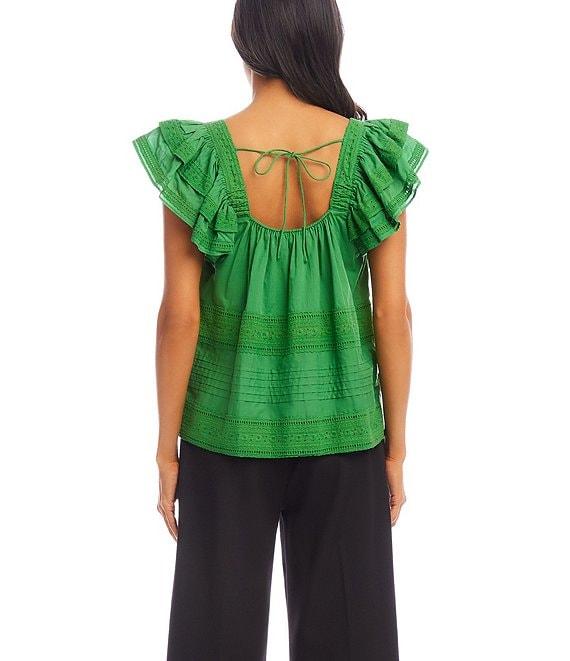 Karen Kane Embroidered Square Neck Short Ruffle Sleeve Blouse Product Image
