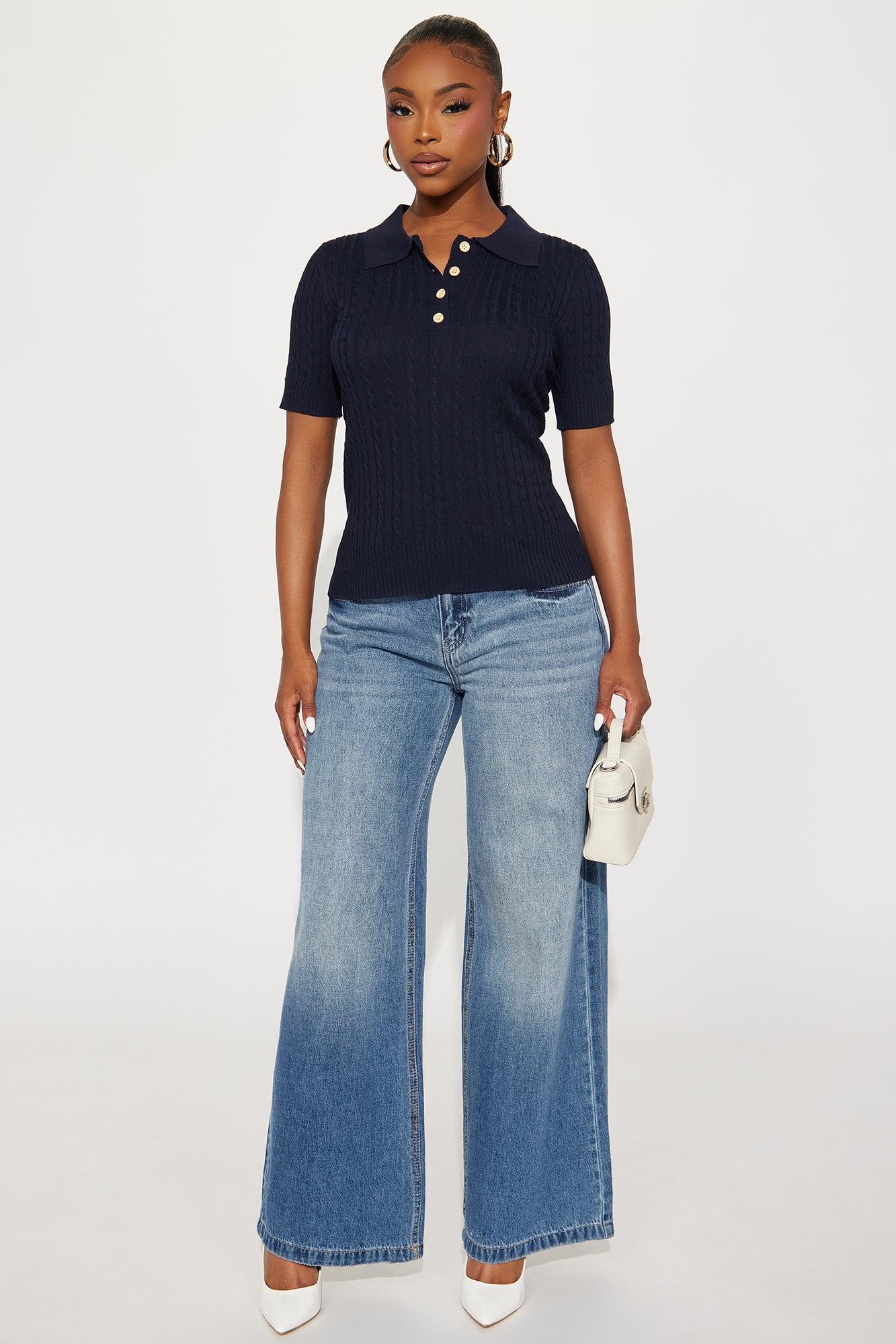 Countryside Short Sleeve Polo Sweater Top - Navy Female Product Image