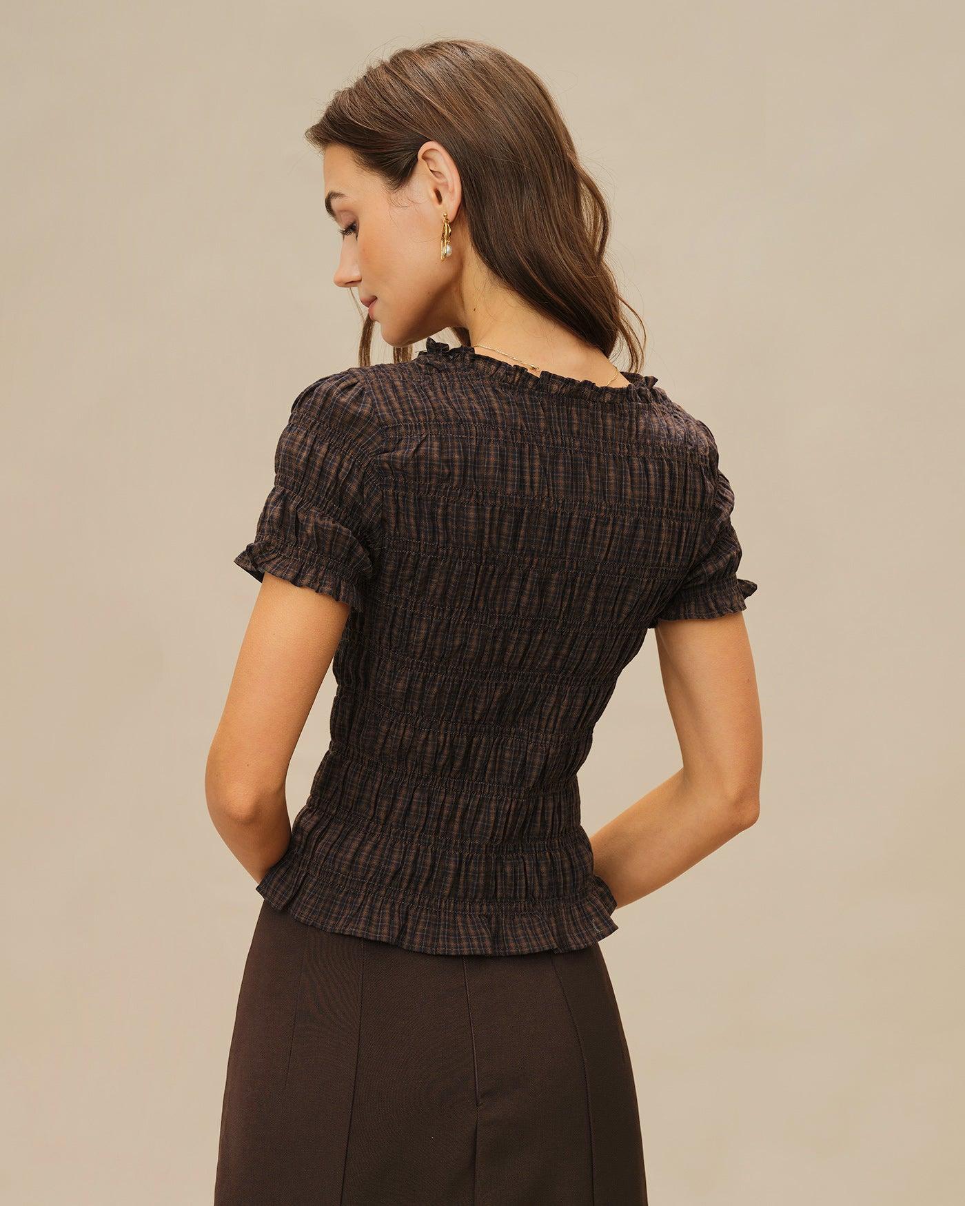 Coffee Plaid Shirred Tee Product Image