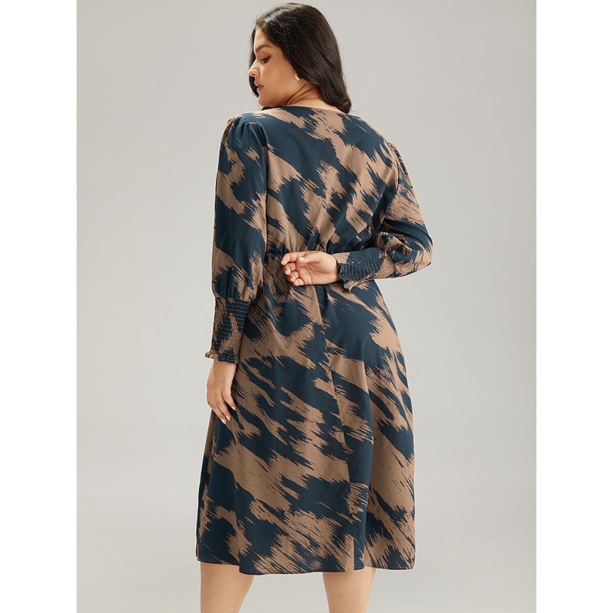Plus Size Brush Print Elastic Waist Wrap Split Hem Dress Indigo Women At the Office Elastic Waist V-neck Long Sleeve Curvy Midi Dress BloomChic 30/6X Product Image