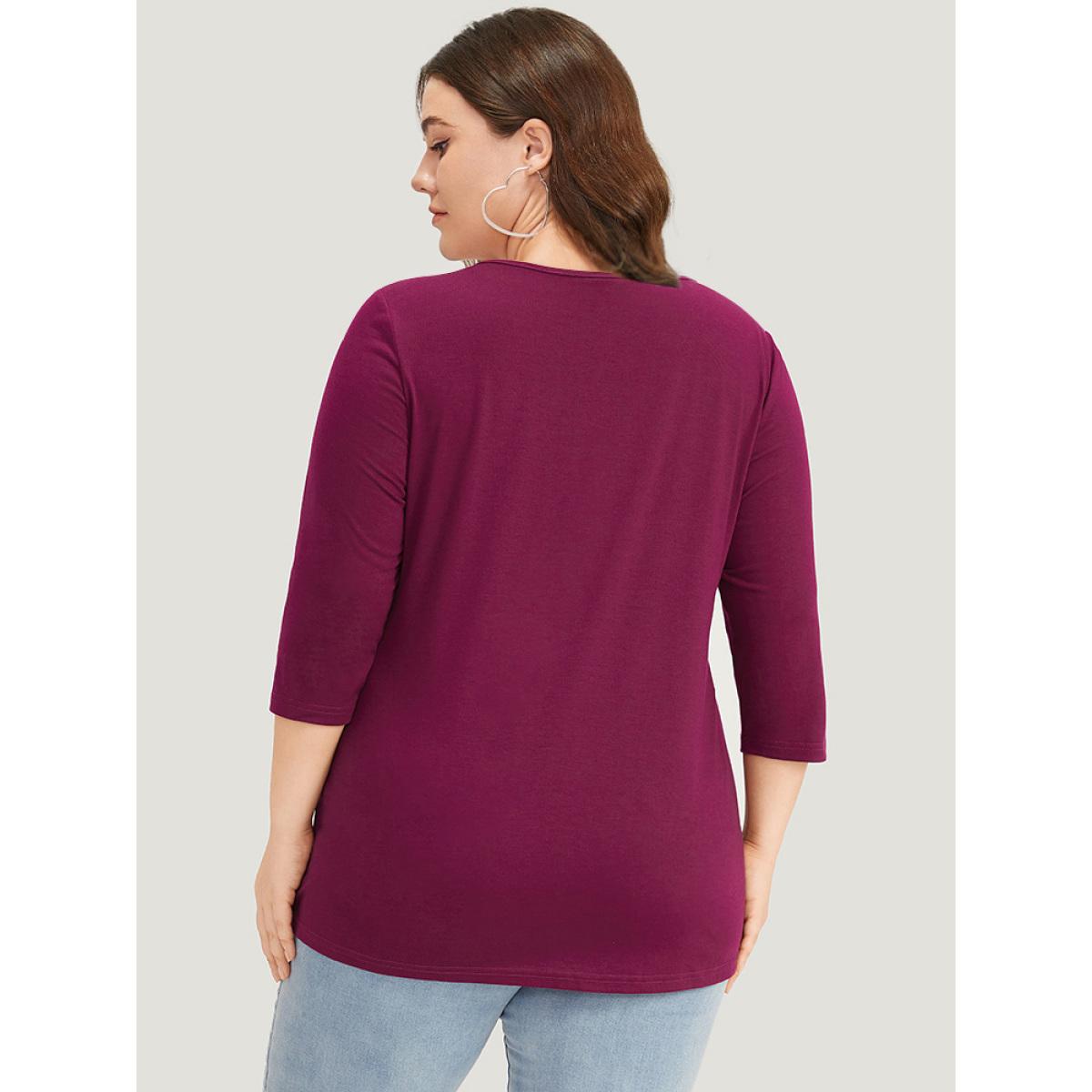 Plus Size Solid Crisscross Three Quater Length Sleeve Deep V Neck T-shirt Burgundy Women Casual Plain Plain Deep V-neck Dailywear T-shirts BloomChic 10/M Product Image