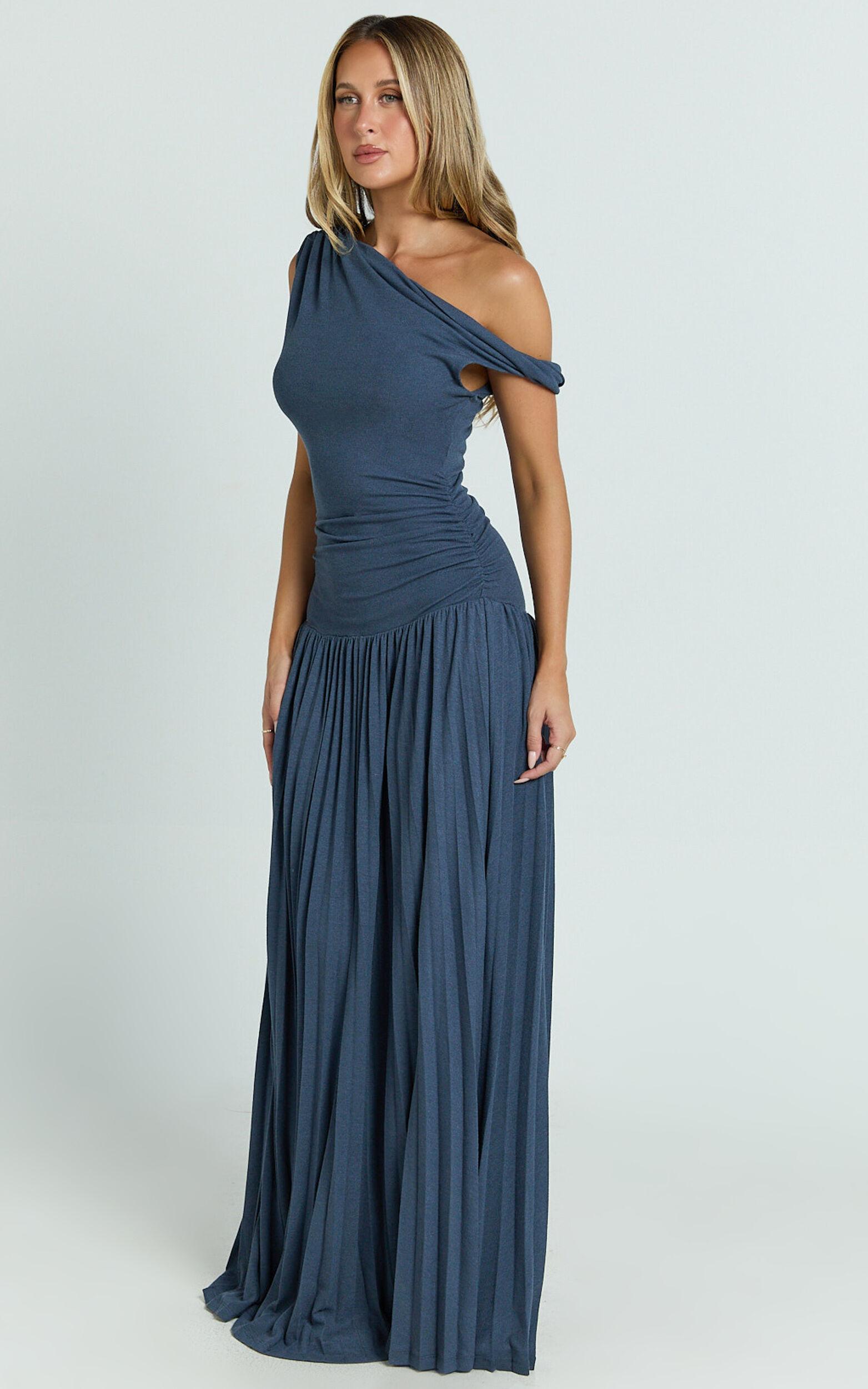 Yvonne Maxi Dress - Jersey Tip Shoulder Ruched Dress in Navy Product Image