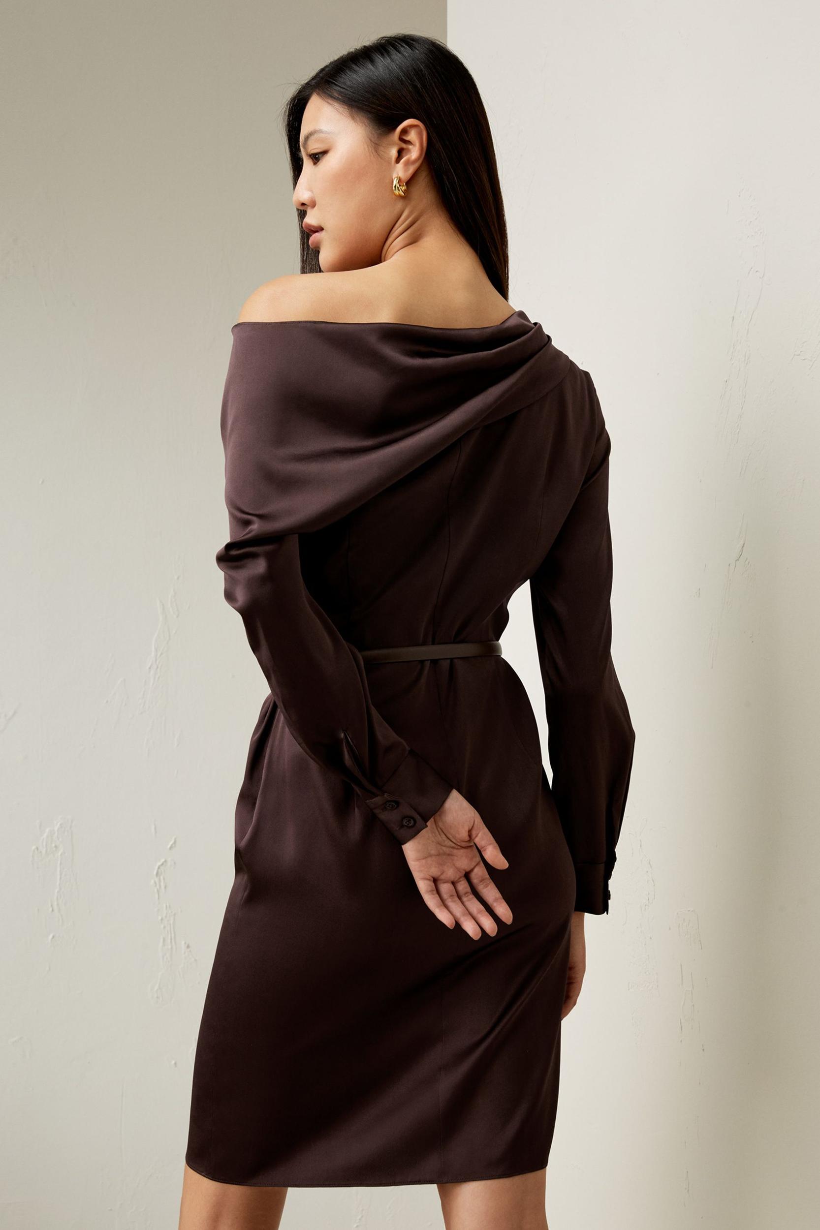 Off-Shoulder Ruched Midi Silk Dress Product Image
