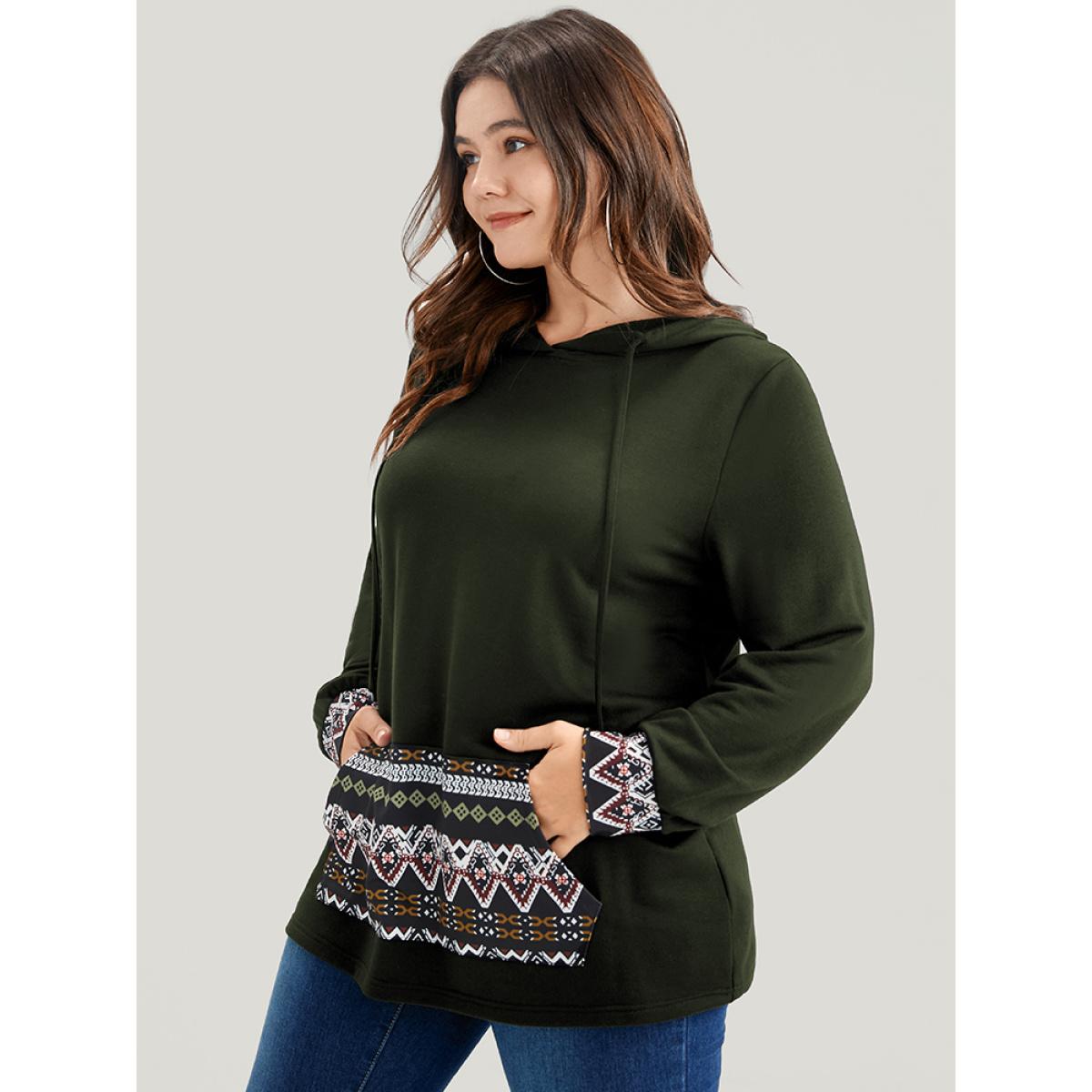 Plus Size Geometric Print Pocket Drawstring Hooded Sweatshirt Women ArmyGreen Vacation Patchwork Hooded Dailywear Sweatshirts BloomChic 10/M Product Image