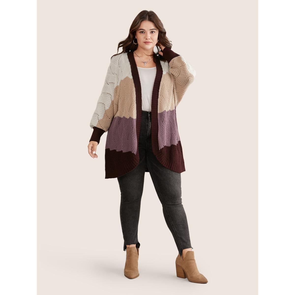 Plus Size Colorblock Contrast Texture Dolman Sleeve Cardigan Burgundy Women Casual Long Sleeve Everyday Cardigans BloomChic 14-16/1X Product Image