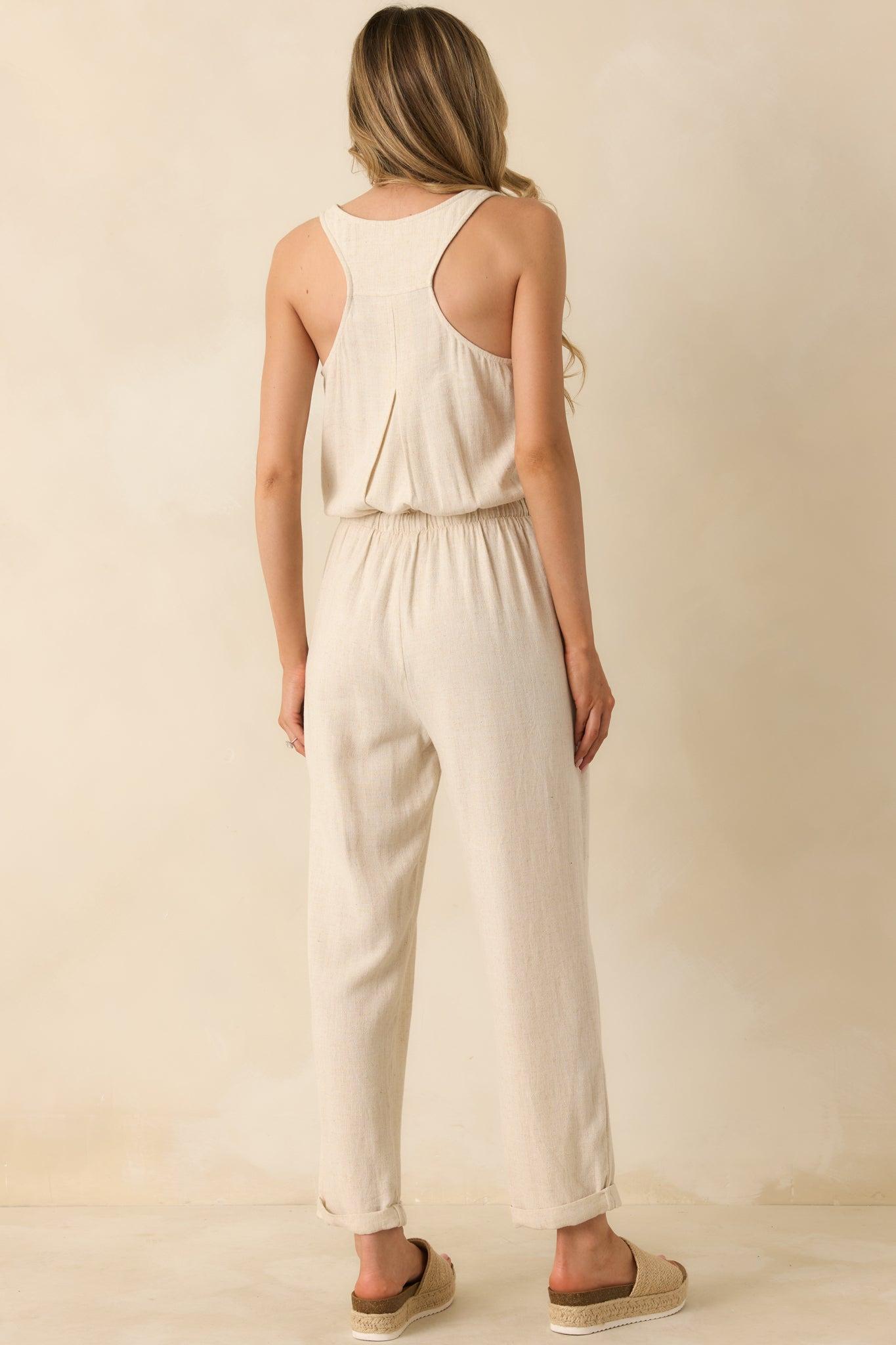 Anywhere And Everywhere Natural Linen Blend Sleeveless Jumpsuit Product Image