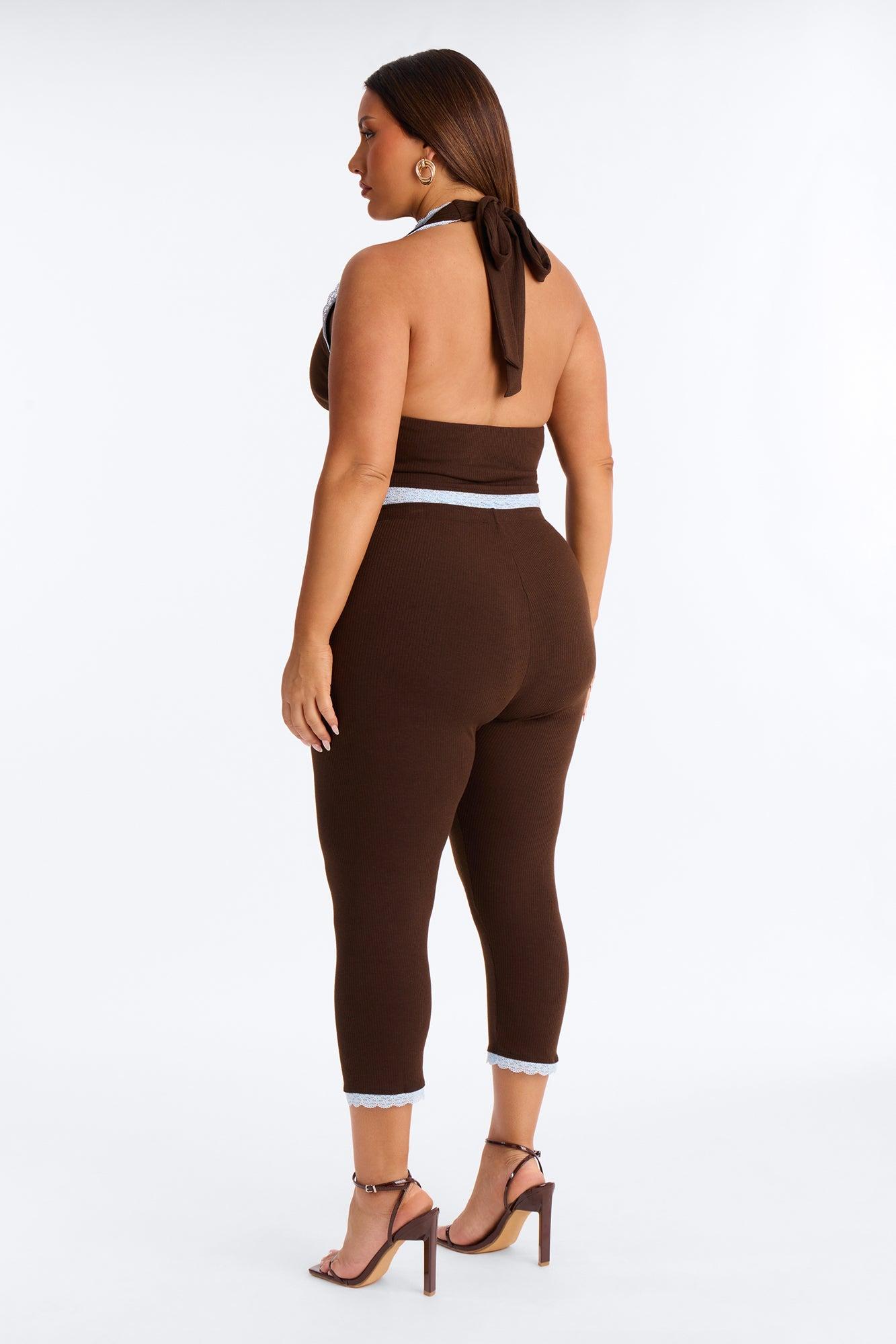 Your's Truly Halter Laced Ribbed Capri Set - Chocolate/Combo Female Product Image