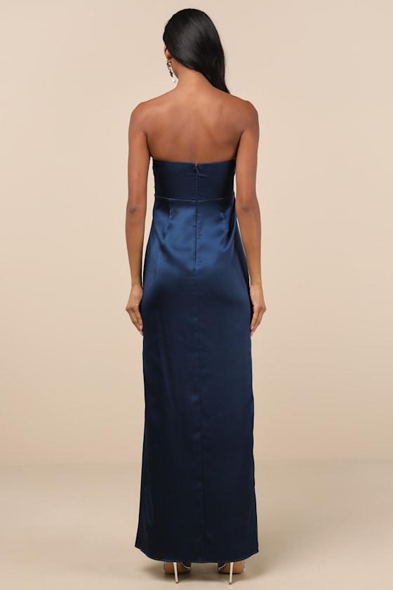 Memorable Entrance Dark Blue Strapless Satin Maxi Dress Product Image