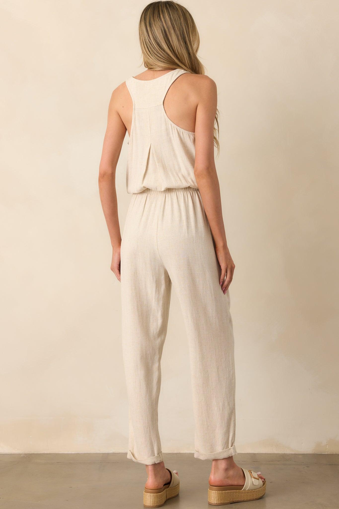 Anywhere And Everywhere Natural Linen Blend Sleeveless Jumpsuit Product Image