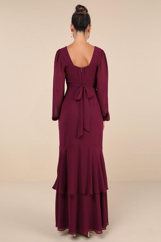 Tier Elegance Plum Purple Long Sleeve Tiered Maxi Dress Product Image