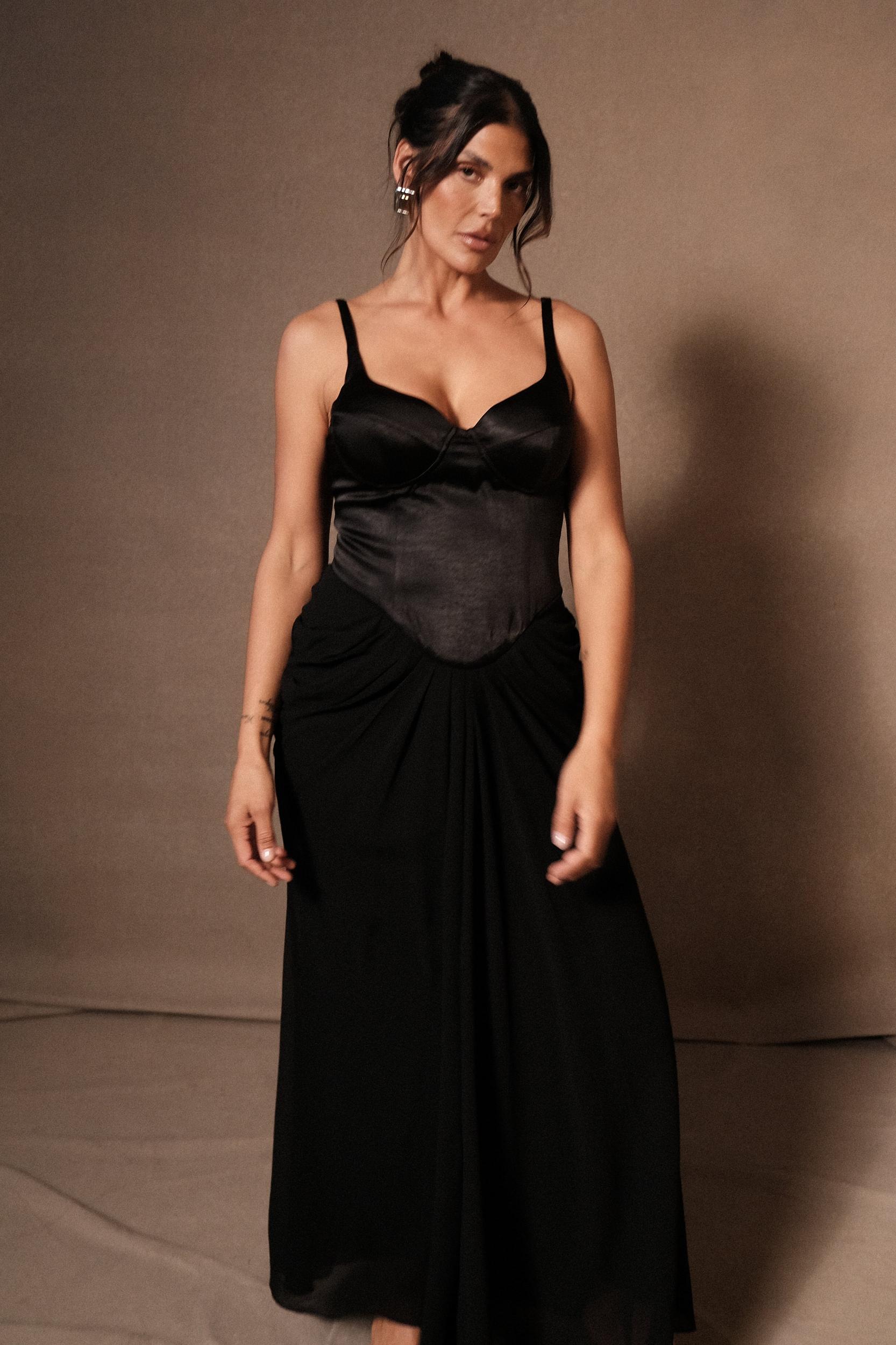 Leila Satin Corset Maxi Dress - Black Product Image