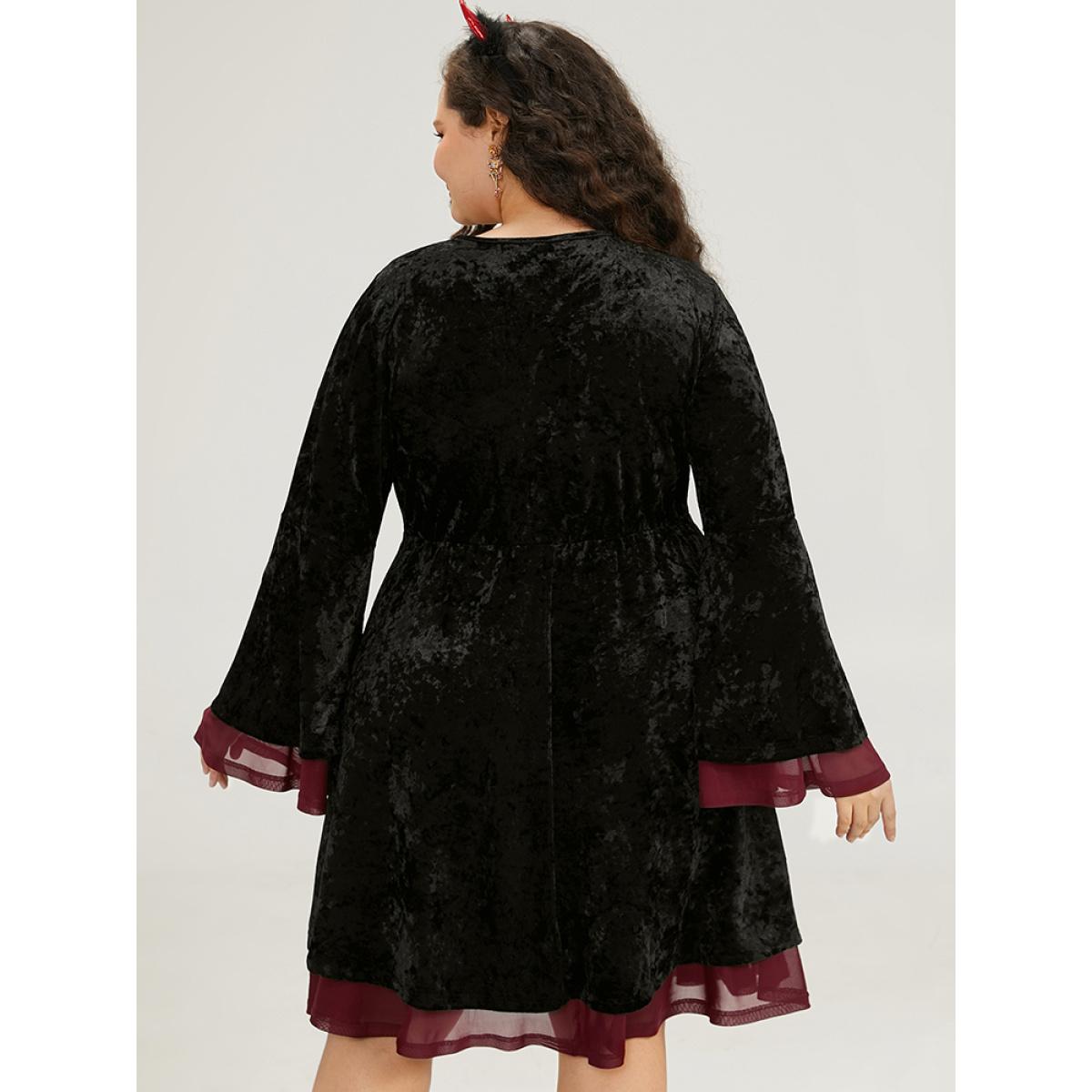 Plus Size Halloween Velvet Contrast Layered Crisscross Neck Dress Black Women Elegant Plain V-neck Long Sleeve Curvy Knee Dress BloomChic 14-16/1X Product Image