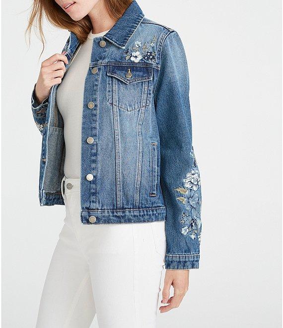 Driftwood X Bluebell Fleur Embroidered Point Collar Long Sleeve Denim Statement Jacket Product Image