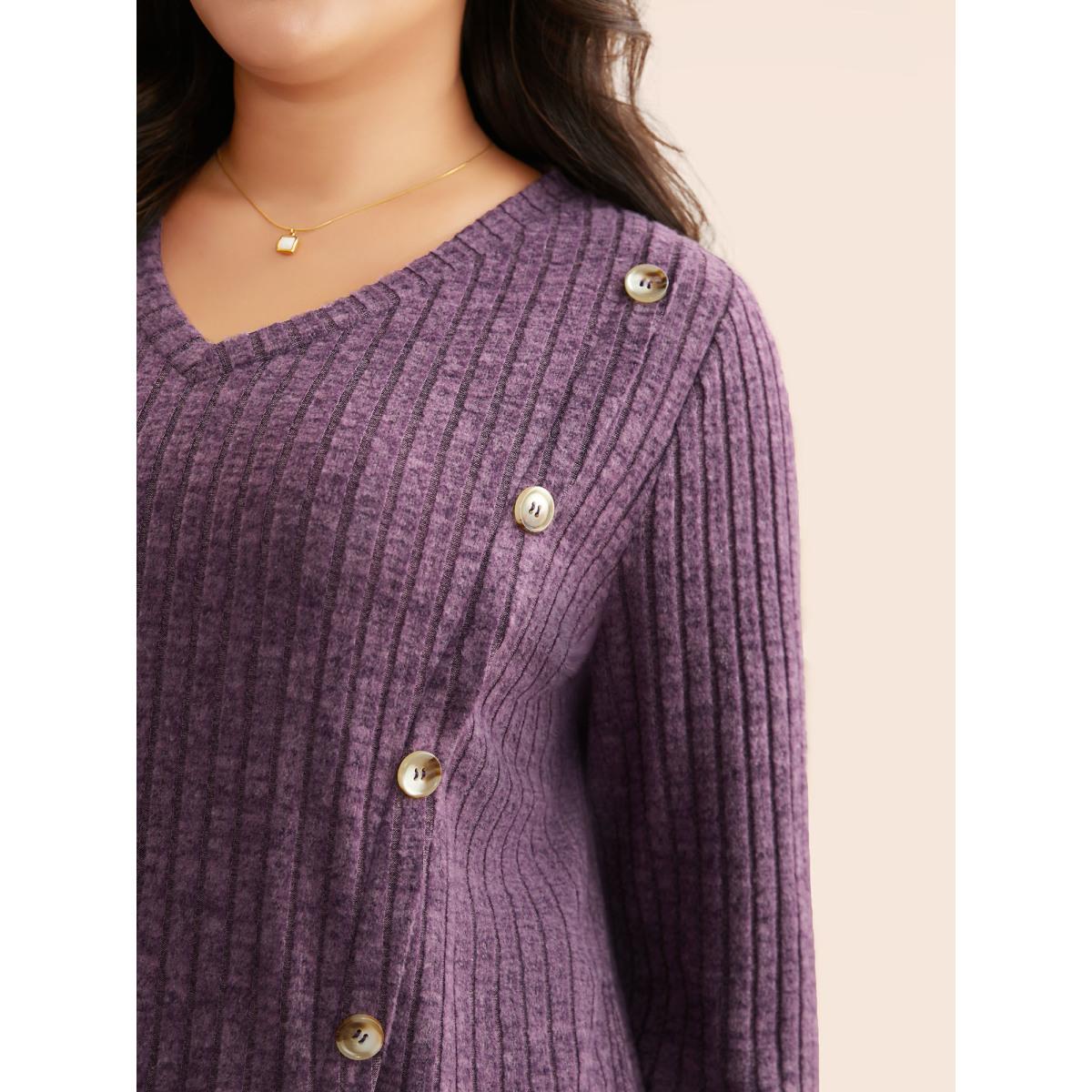 Plus Size V Neck Button Detail Rib Knit T-shirt Mauve Women Elegant Texture V-neck Everyday T-shirts BloomChic 22-24/3X Product Image