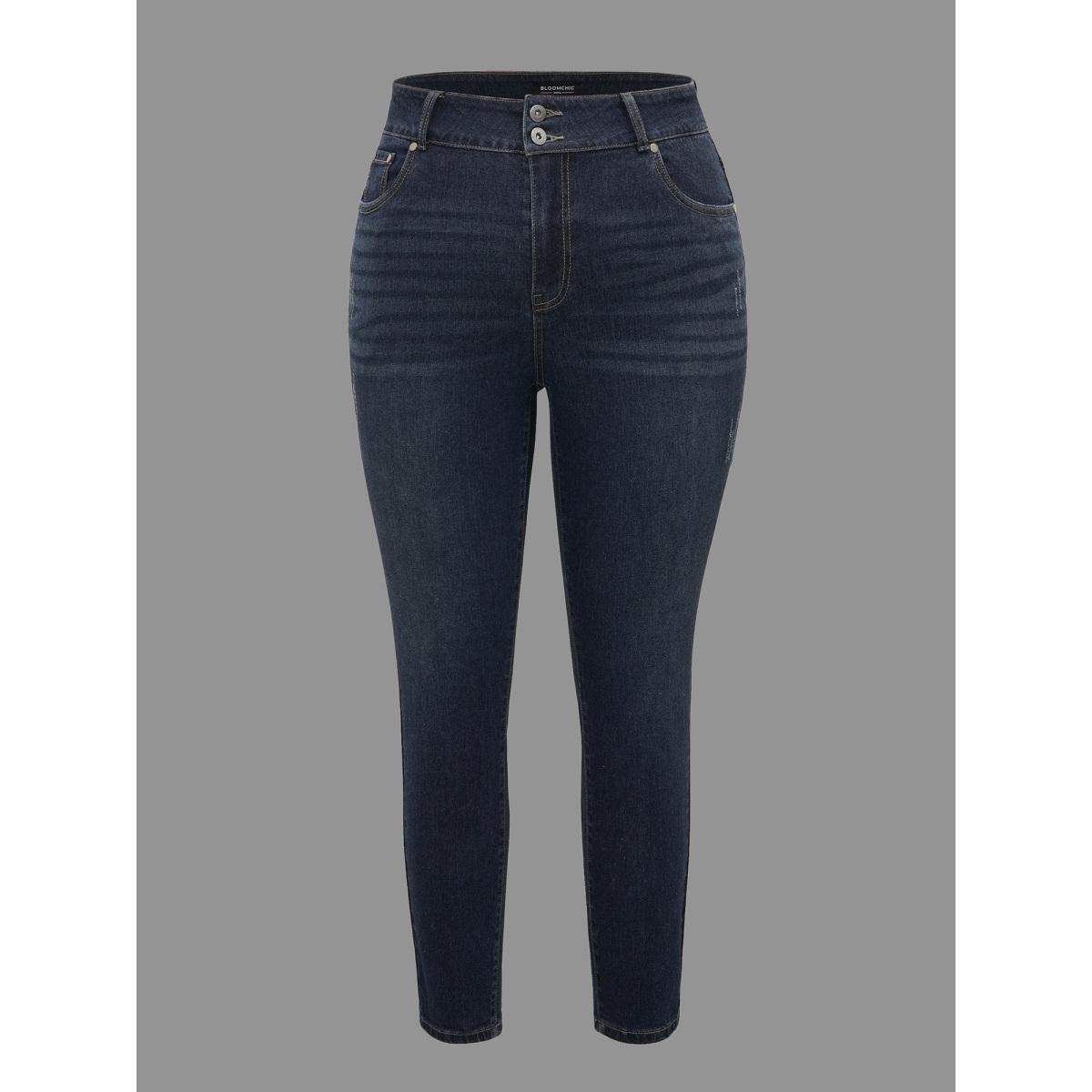 Plus Size Dark Wash Button Up Skinny Jeans Women Darkindigo Casual Button Medium stretch Slanted pocket Jeans BloomChic 20/2X Product Image