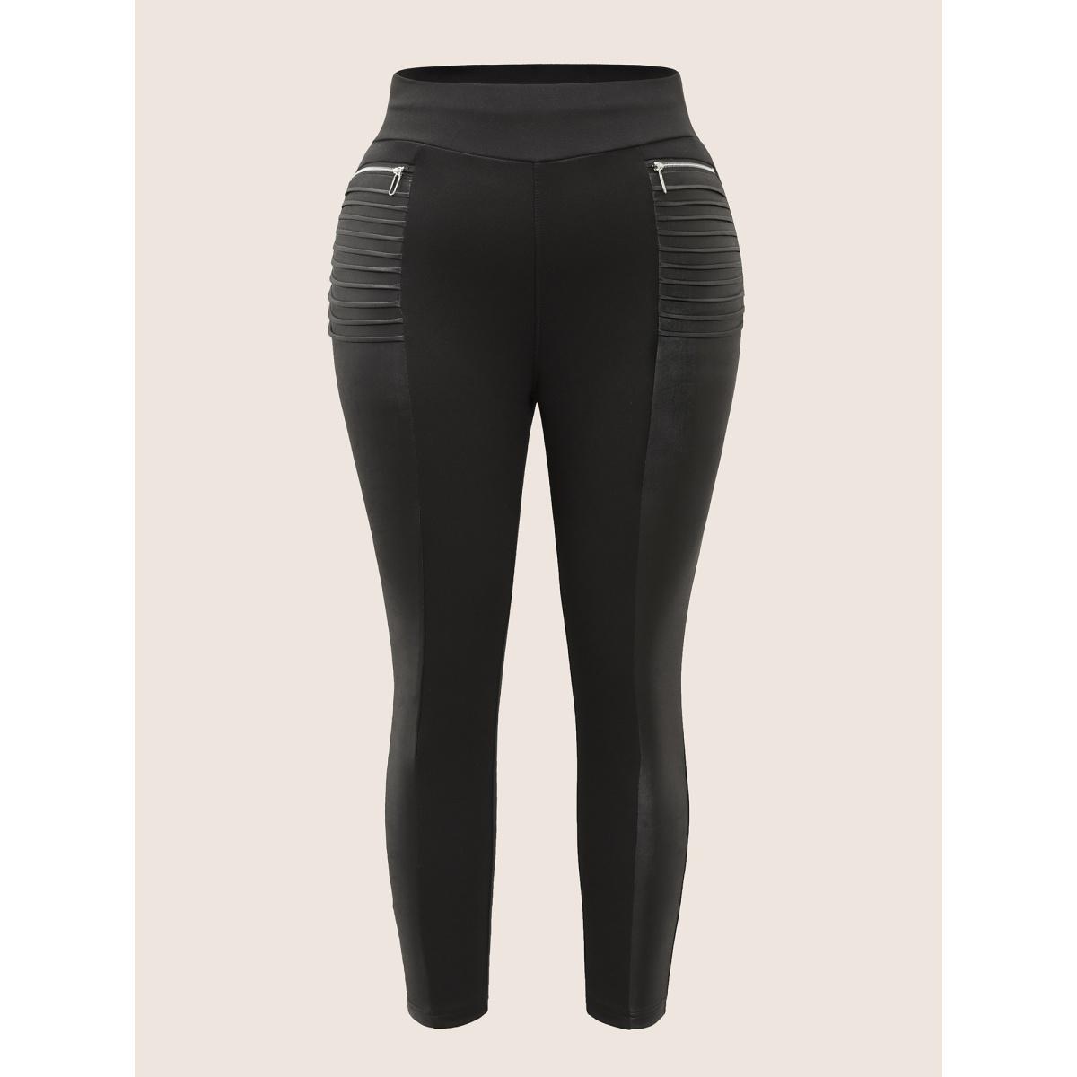 Plus Size Zip Detail Wideband Waist Patchwork Pocket Pants Women Black Casual Skinny High Rise Everyday Pants BloomChic 18-20/2X Product Image