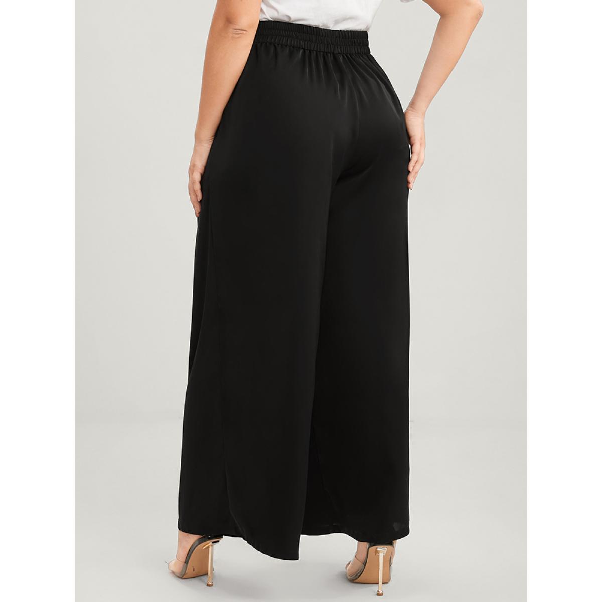 Plus Size Solid Elastic Waist Knotted Front Pocket Wide Leg Pants Women Black Casual Wide Leg High Rise Dailywear Pants BloomChic 10/M Product Image