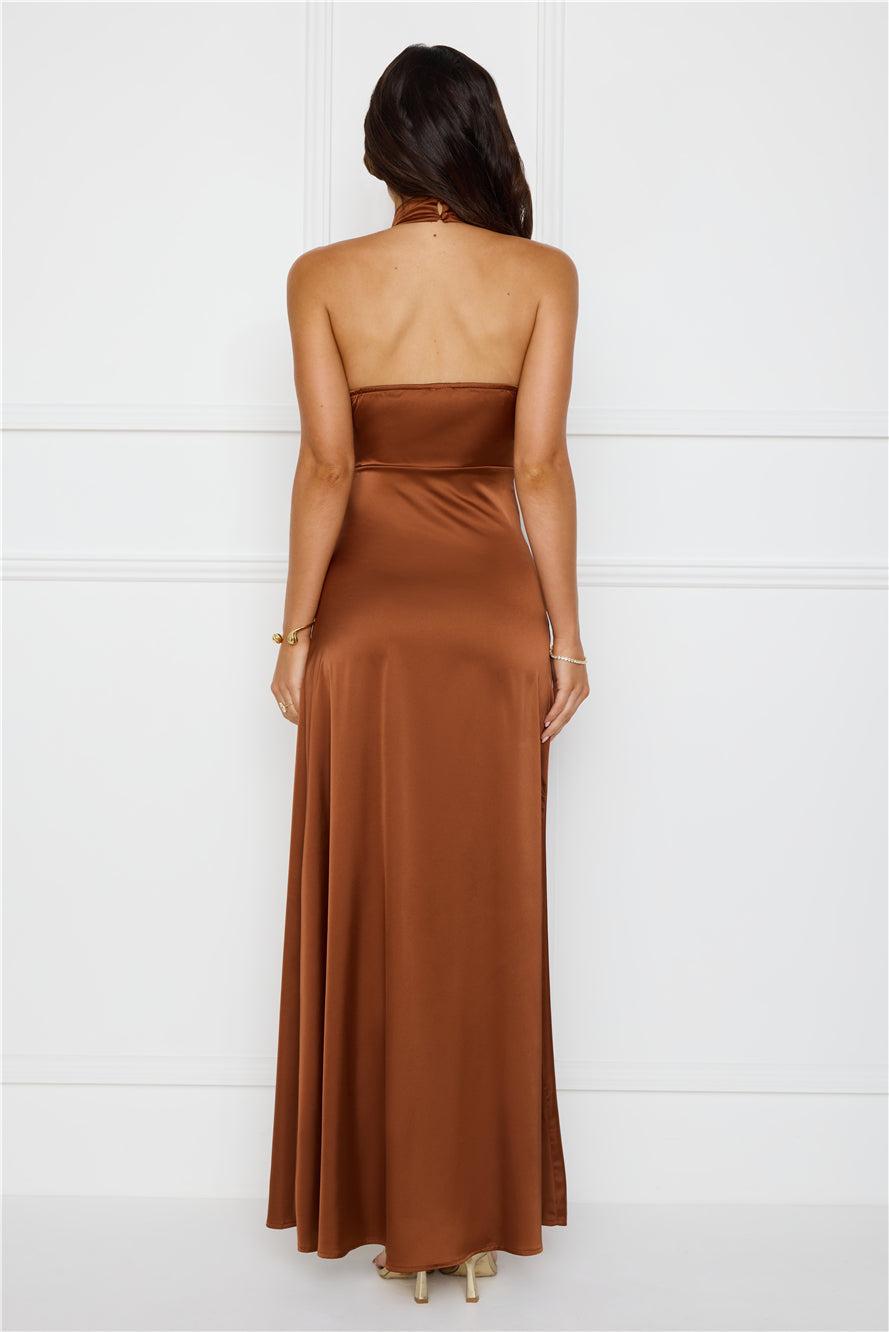 Sonnet Satin Halter Maxi Dress Chocolate Product Image