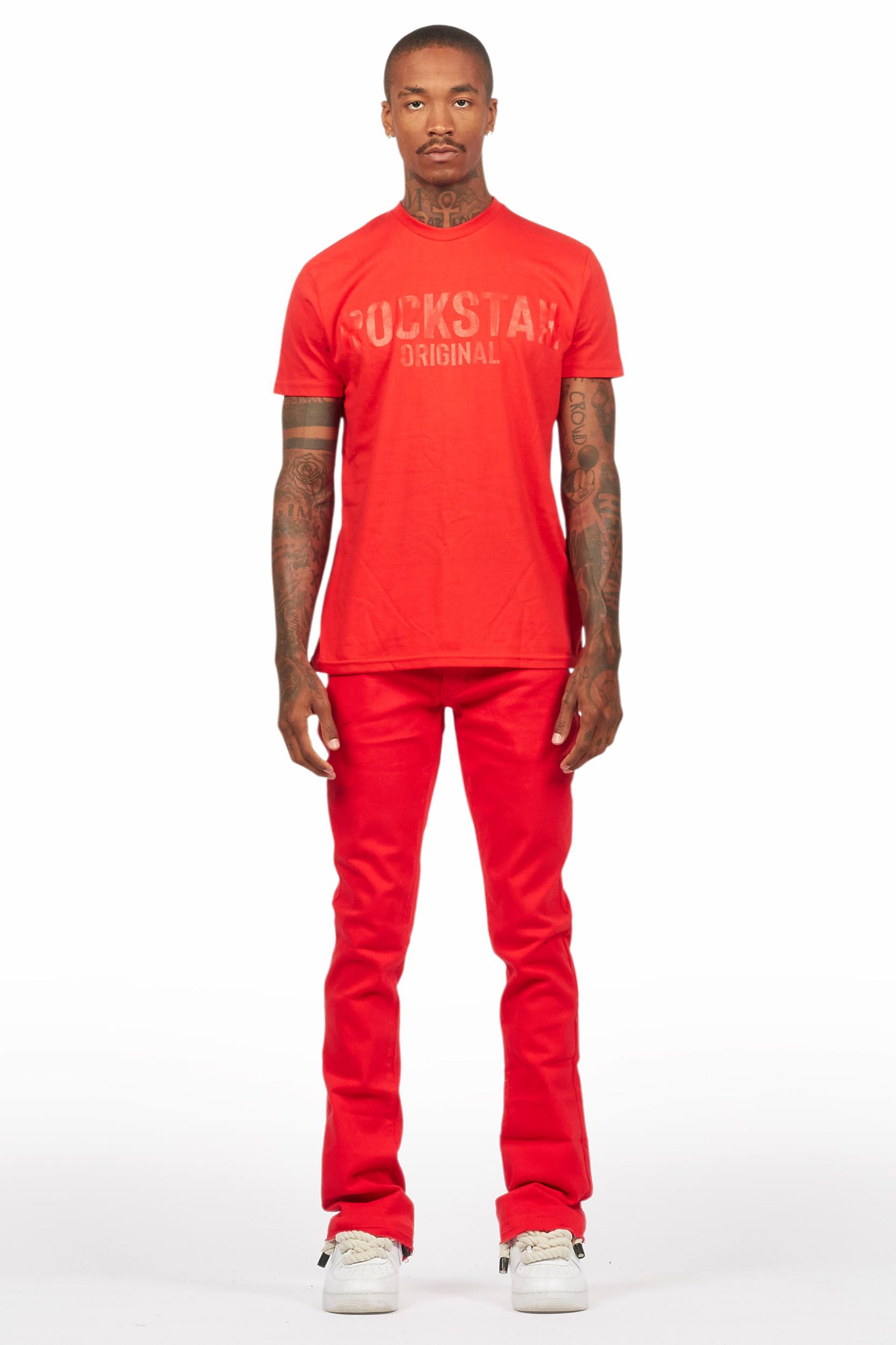 Sana Red T-Shirt/Dag Stacked Flare Jean Set Male Product Image
