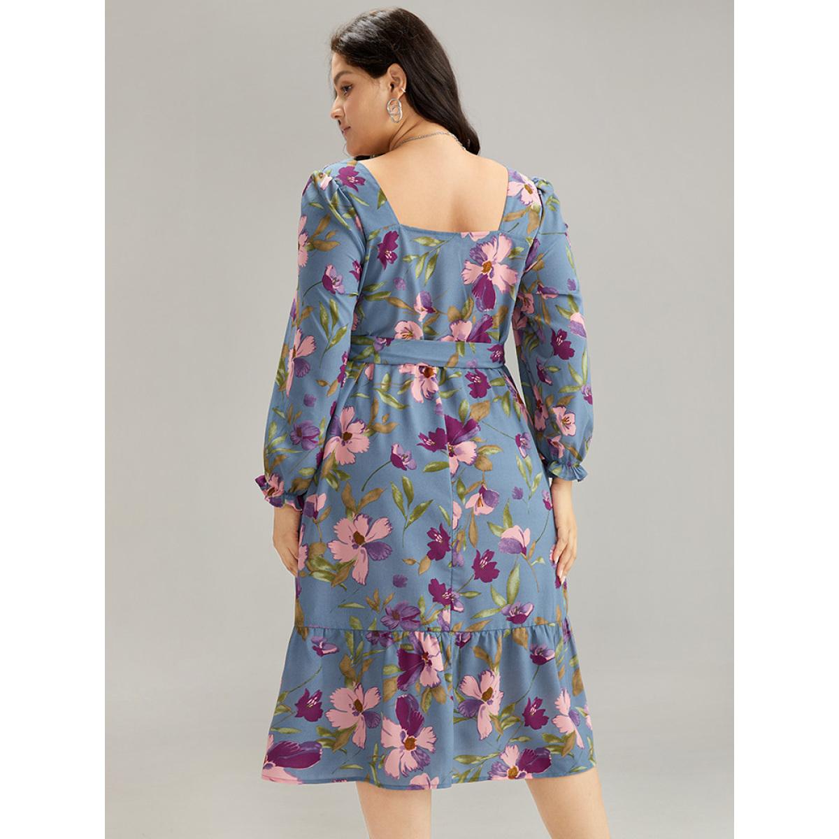 Plus Size Floral Print Puff Sleeve Belted Shirred Dress Stone Women Elegant Elastic cuffs Square Neck Long Sleeve Curvy Midi Dress BloomChic 22-24/3X Product Image