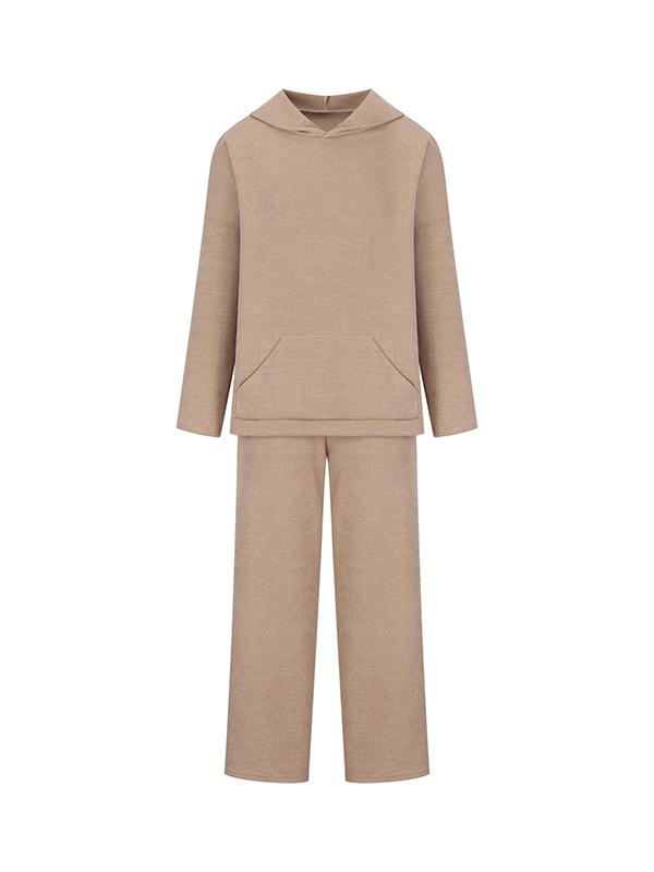 Loose Solid Color Round-Neck Hooded Long Sleeves Sweater Top + Drawstring Pants Bottom Two Pieces Set Product Image
