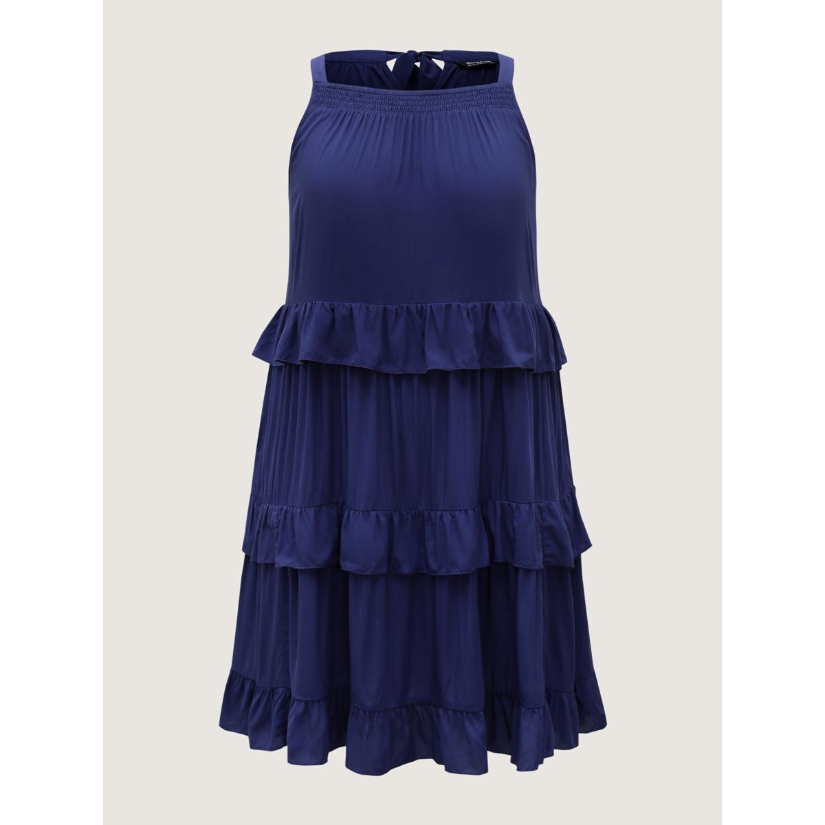 Plus Size Ruffled Tiered A-Line Tie Midi Dress DarkBlue Women Round Neck Sleeveless Curvy BloomChic 22-24/3X Product Image