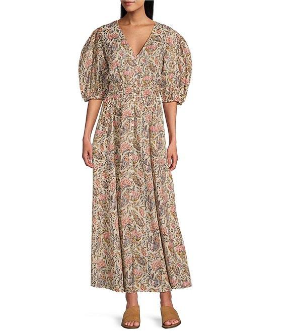 Talisman Halo Woven Printed V-Neck Button Front Smock Waist 3/4 Puff Sleeve A-Line Maxi Dress Product Image