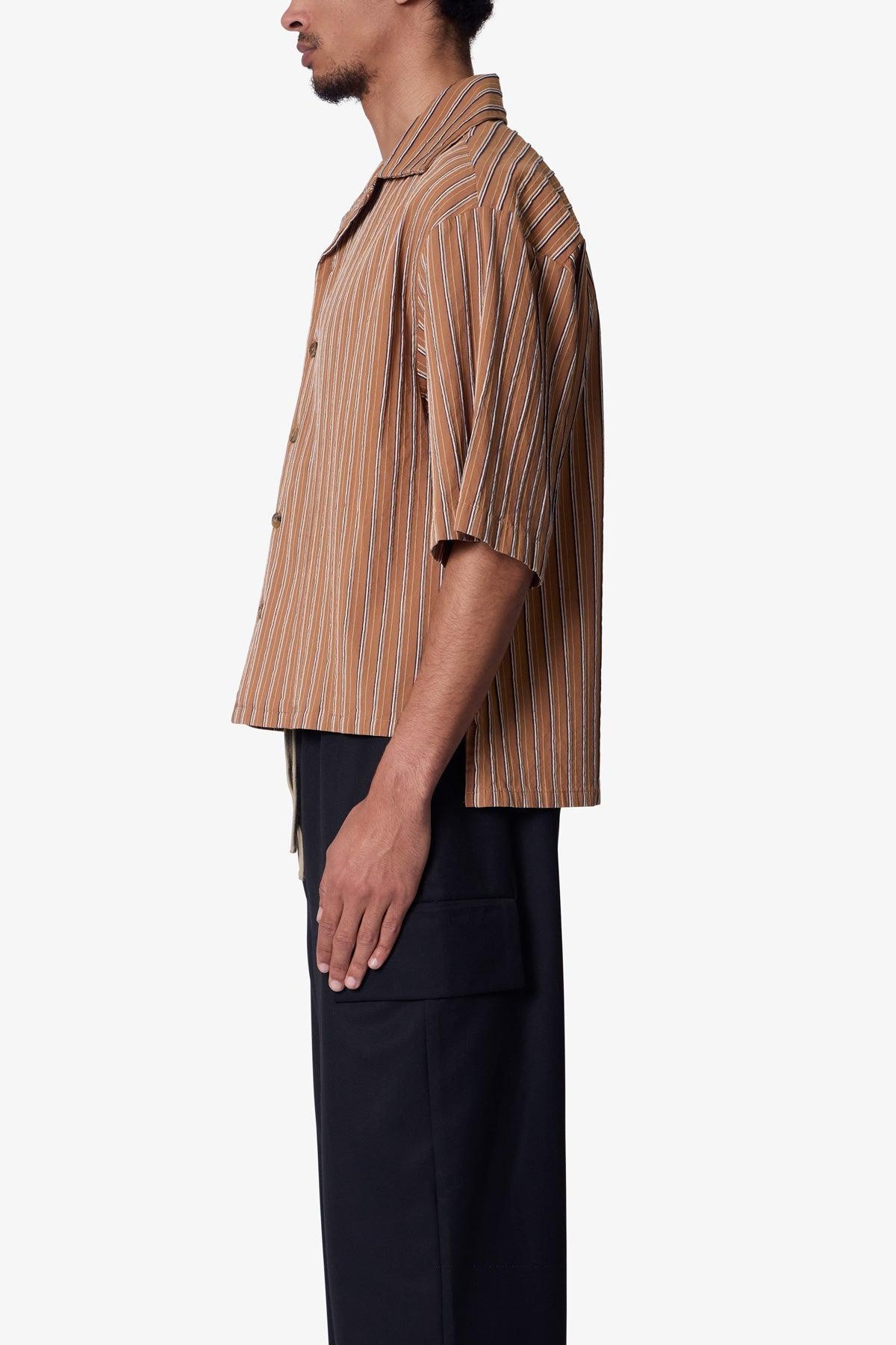 Striped Woven Cropped Shirt - Brown Product Image
