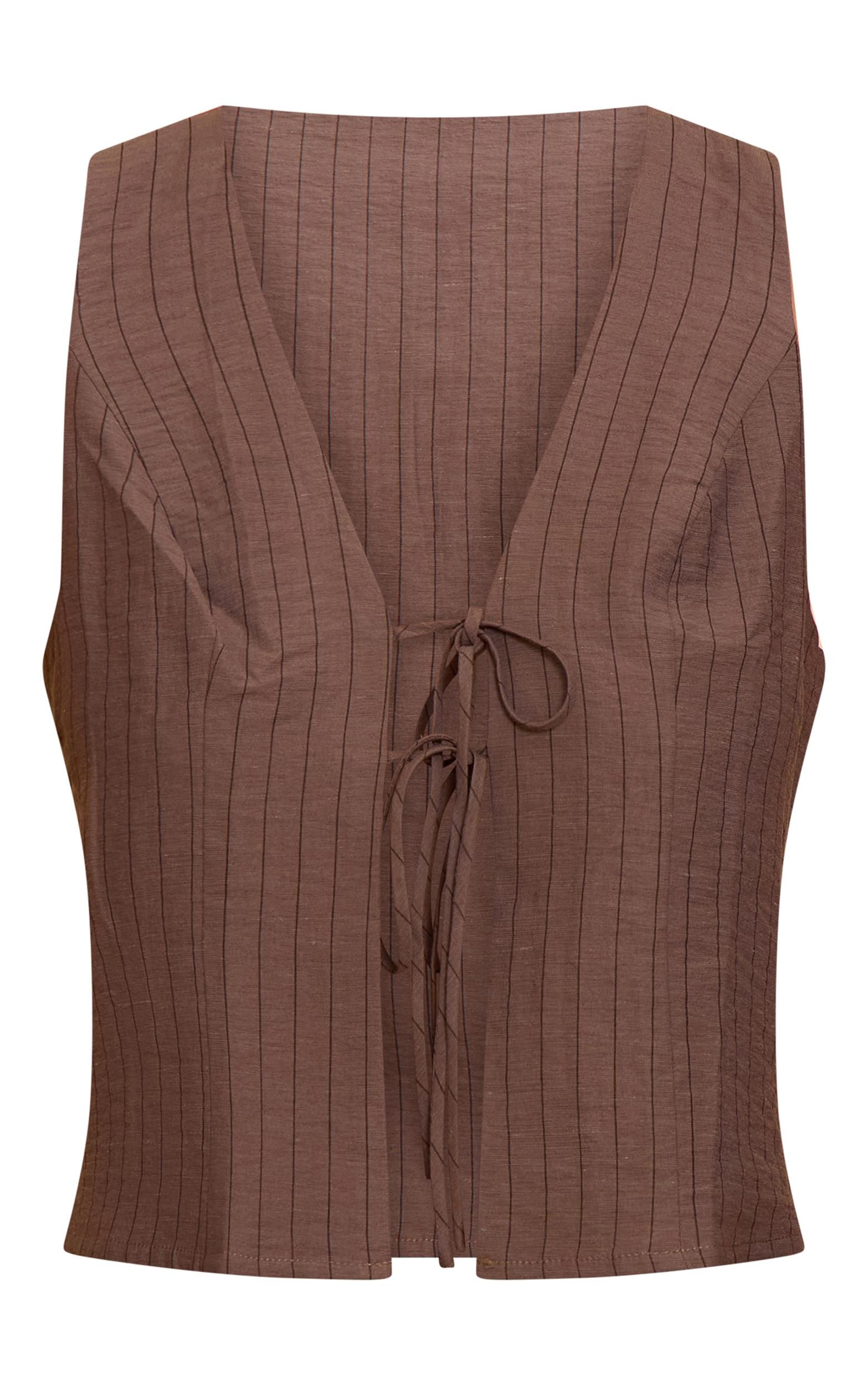 Brown Pinstriped Tie Front Top Product Image